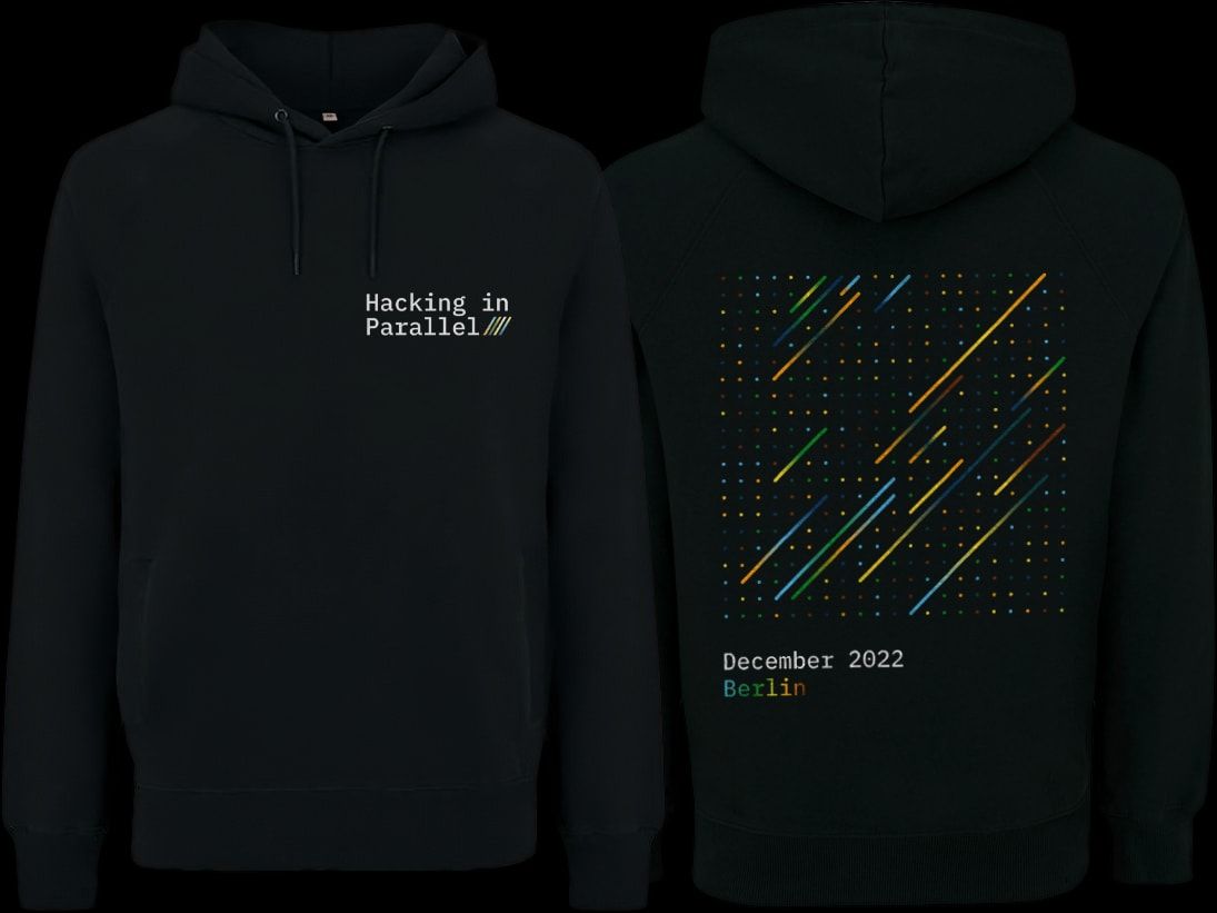 Hacking in Parallel Berlin 2022 Hoodie with a colorful print of a geometric grid with several gradient lines going from bottom left to top right