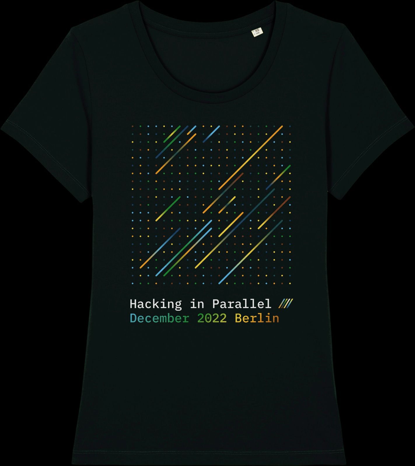 Hacking in Parallel Berlin 2022 Shirt with accented waist cut, colorful print of a geometric grid with several gradient lines going from bottom left to top right on the front of the shirt
